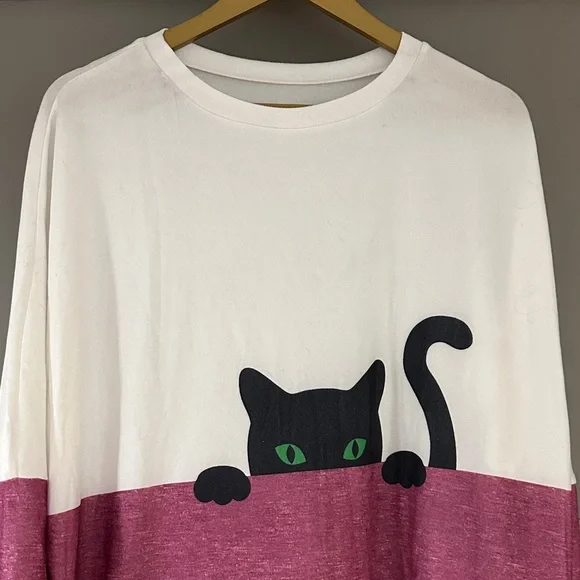 Cute Cat Graphic Colorblock Tunic Top w Pockets Long Sleeve Casual Cozy - Picture 2 of 4